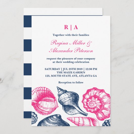 Invitation Plage Coquillages Roses Bleus Plage Mariage Invita (Devant / Derrière)