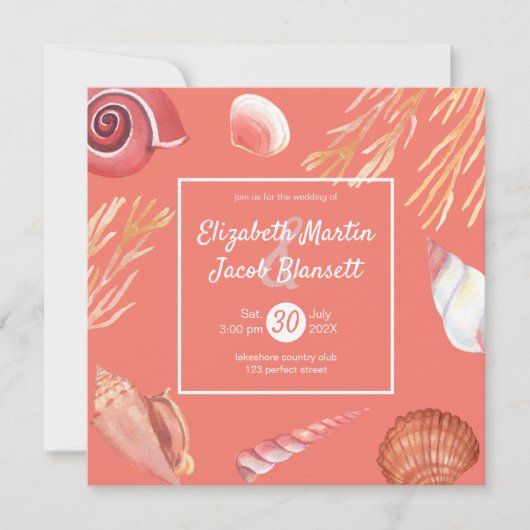 Invitation Plage Coral & Seashells Tout en un Mariage (Devant)