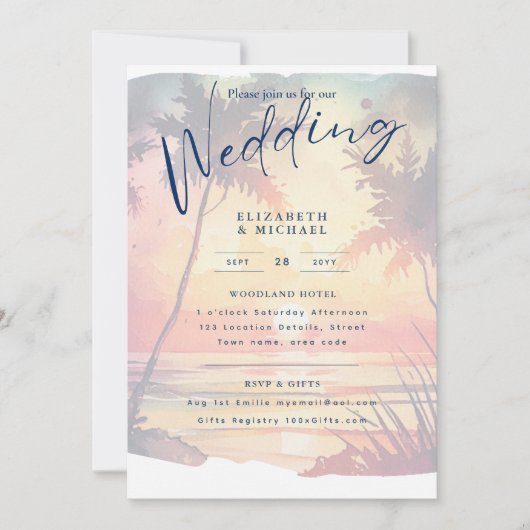 Invitation Plage Côte Destination Sunset Mariage tropical (Devant)
