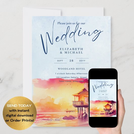 Invitation Plage Côte Destination Sunset Mariage tropical