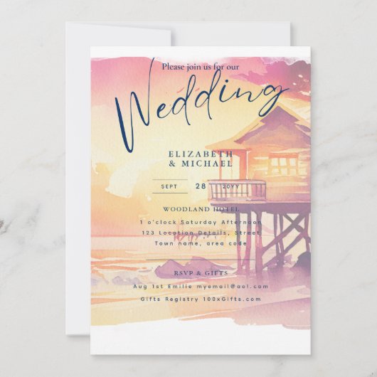 Invitation Plage Côte Destination Sunset Mariage tropical (Devant)