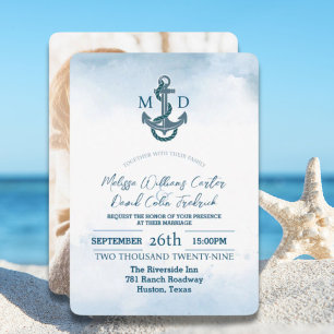 Invitation Plage côtière Ancre bleue Mariage photo nautique