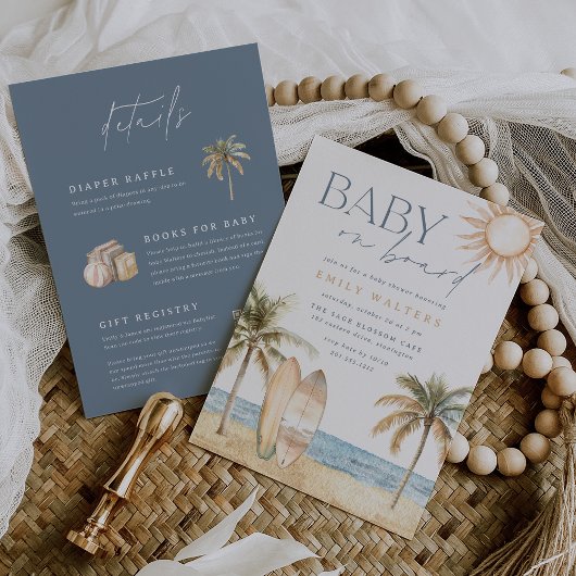 Invitation Plage côtière "Baby on board" Baby shower de surfe