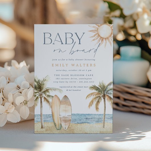 Invitation Plage côtière "Baby on board" Baby shower de surfe