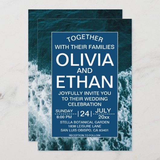 Invitation Plage côtière bleu marine classique Mariage Invita (Devant / Derrière)