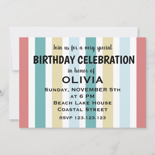 Invitation Plage côtière colorée rayures Anniversaire (Devant)