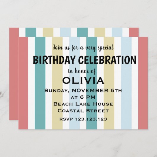 Invitation Plage côtière colorée rayures Anniversaire (Devant / Derrière)