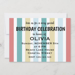 Invitation Plage côtière colorée rayures Anniversaire