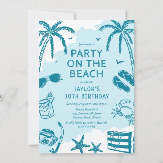Invitation Plage côtière Doodle bleu fête d'anniversaire (Devant)