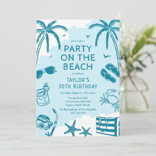 Invitation Plage côtière Doodle bleu fête d'anniversaire (Debout devant)