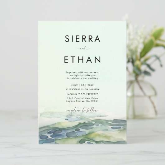 Invitation Plage côtière Piscine à marée Vert mer Mariage mod (Debout devant)