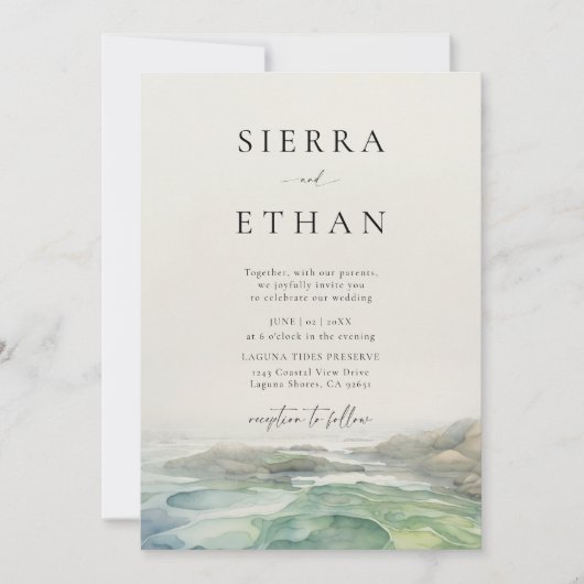 Invitation Plage côtière Piscine de Marée Ecru Green Mariage  (Devant)