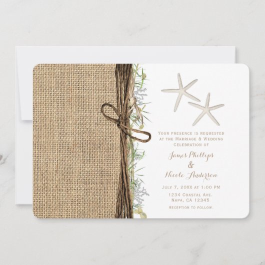 Invitation Plage côtière rustique Starfish Burlap & Greenery (Devant)