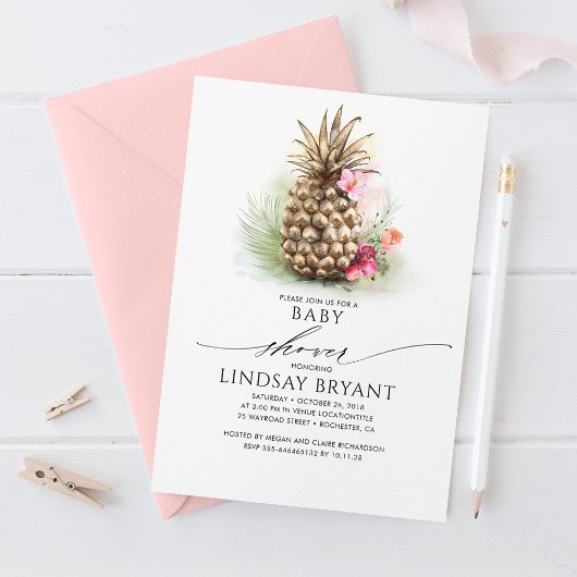 Invitation Plage d'ananas Tropical Gold Baby shower floral