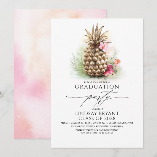 Invitation Plage d'ananas Tropical Gold Floral Graduation (Devant / Derrière)