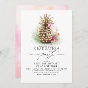 Invitation Plage d'ananas Tropical Gold Floral Graduation