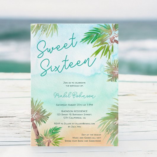 Invitation Plage d'aquarelle des palmiers tropicaux Sweet 16