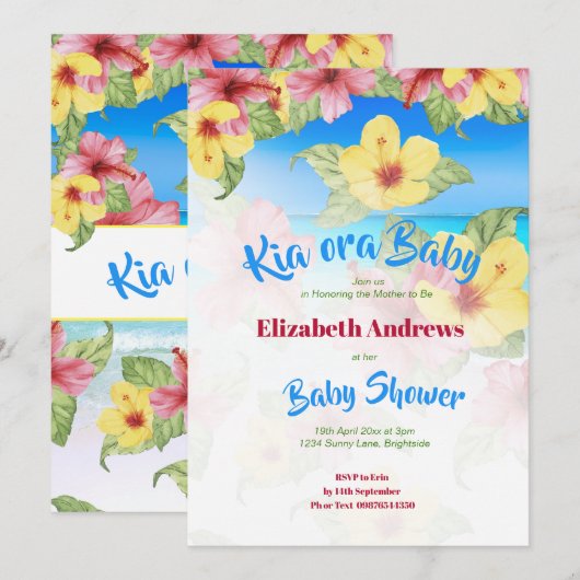 Invitation Plage de Baby shower à fleurs tropicales Kia Ora (Devant / Derrière)