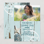 Invitation plage de coquillages bleu tropical aqua fête d'ann (Devant / Derrière)