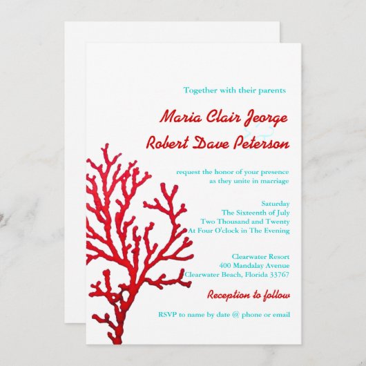 Invitation Plage de Coral moderne Destination Mariage Invitat (Devant / Derrière)