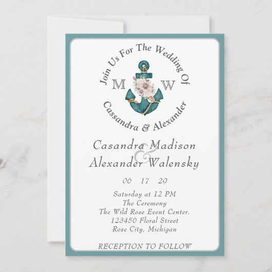 Invitation Plage de cordes d'Ancres florales Mariage Turquois (Devant)