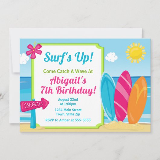 Invitation Plage de fille de surf d'invitation d'anniversaire (Devant)