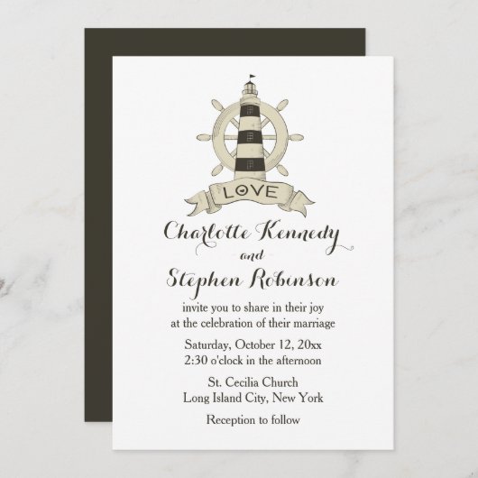 Invitation Plage de Mariage de  de roue Brown Nautical Lighth (Devant / Derrière)