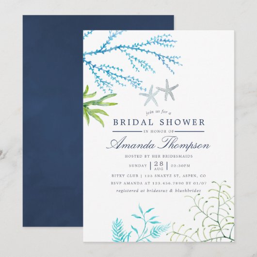 Invitation Plage de mariage thème aquarelle algue (Devant / Derrière)