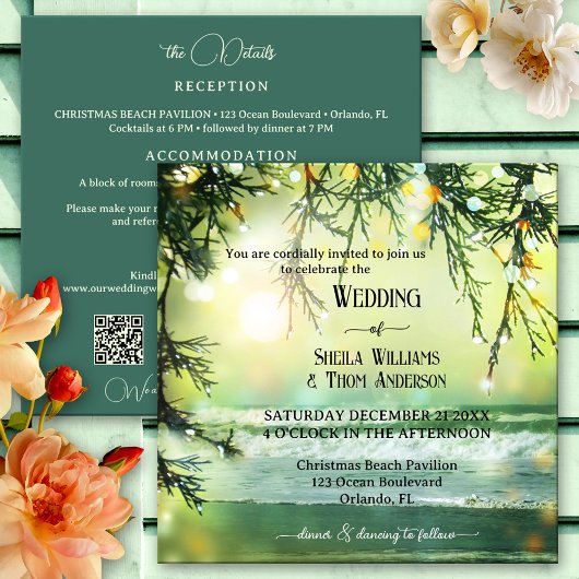 Invitation Plage de Noël étincelante QR Tout en un Mariage
