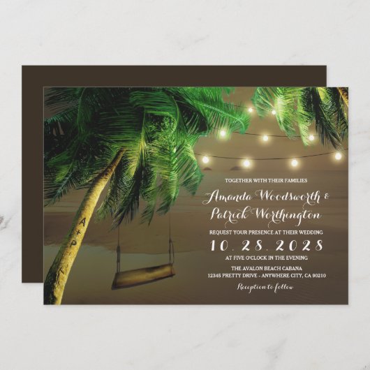 Invitation Plage de Palm Tree sculpté Lumières Mariage Invita (Devant / Derrière)