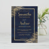 Invitation Plage de palmier d'or tropical bleu marine mariage (Debout devant)