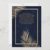 Invitation Plage de palmier d'or tropical bleu marine mariage (Dos)