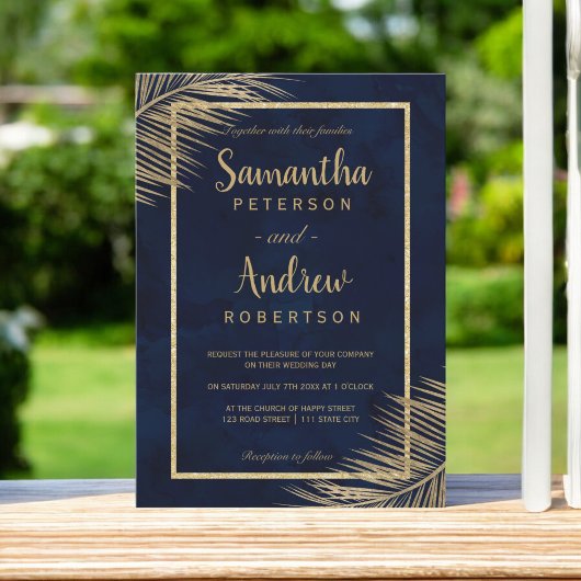 Invitation Plage de palmier d'or tropical bleu marine mariage