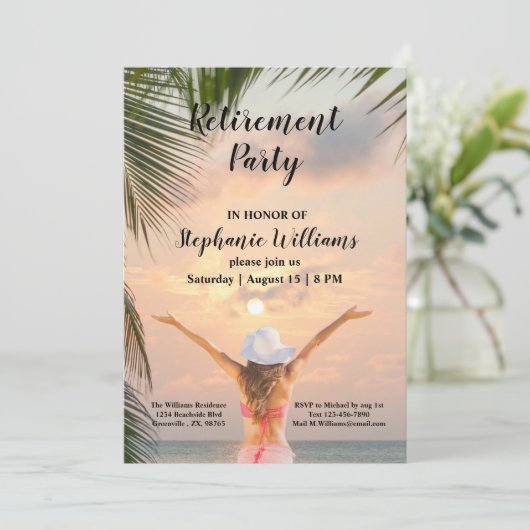 Invitation Plage de retraite pour femmes Thème coucher de sol (Debout devant)