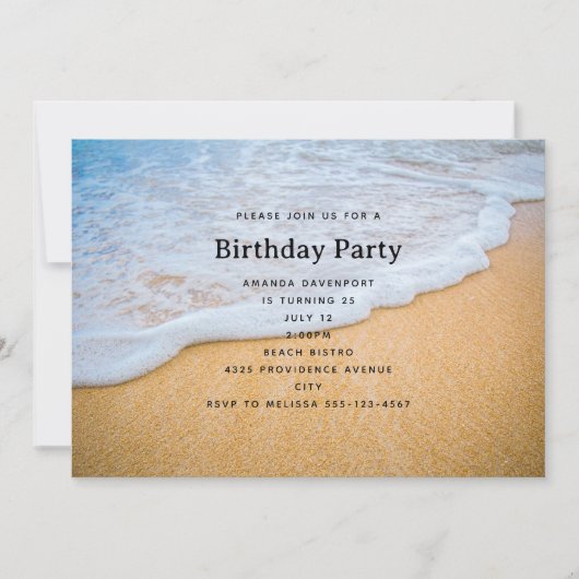 Invitation Plage de sable avec joyeux anniversaire de surf éc (Devant)