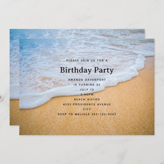 Invitation Plage de sable avec Surf en mousse Anniversaire (Devant / Derrière)