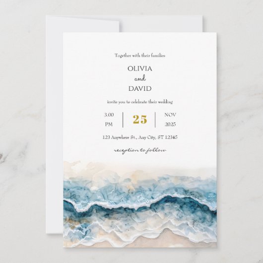 Invitation Plage de sable doux Blue Waves Aquarelle Mariage d (Devant)