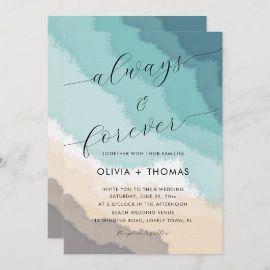 Invitation Plage de sable moderne Vagues toujours Mariage (Devant / Derrière)