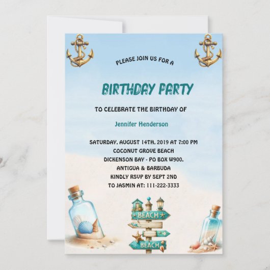 Invitation Plage de sable tropical Bouteille Anniversaire d'é (Devant)