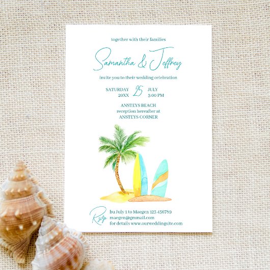 Invitation Plage de surf mariage tropical été