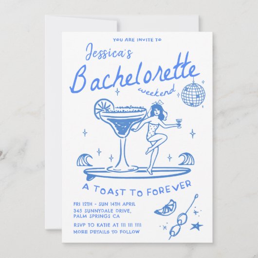 Invitation Plage Dernier Toast Funky Bachelorette Week-end (Devant)