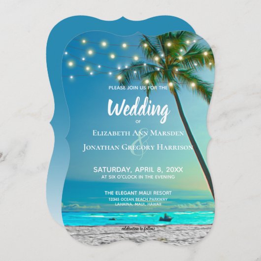 Invitation Plage Destination Mariage String Lumières Palms (Devant / Derrière)