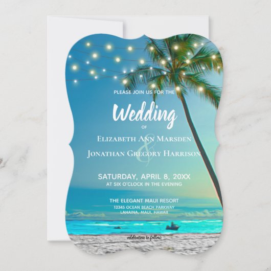 Invitation Plage Destination Mariage String Lumières Palms (Devant)