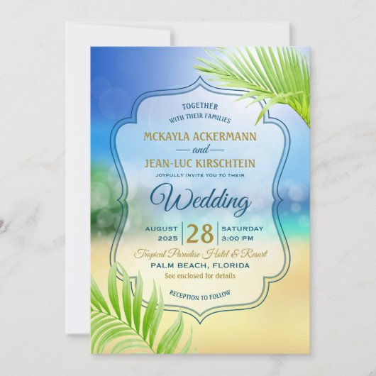 Invitation Plage Destination Mariage Tropical Palm Tree Leaf (Devant)