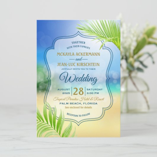 Invitation Plage Destination Mariage Tropical Palm Tree Leaf (Debout devant)