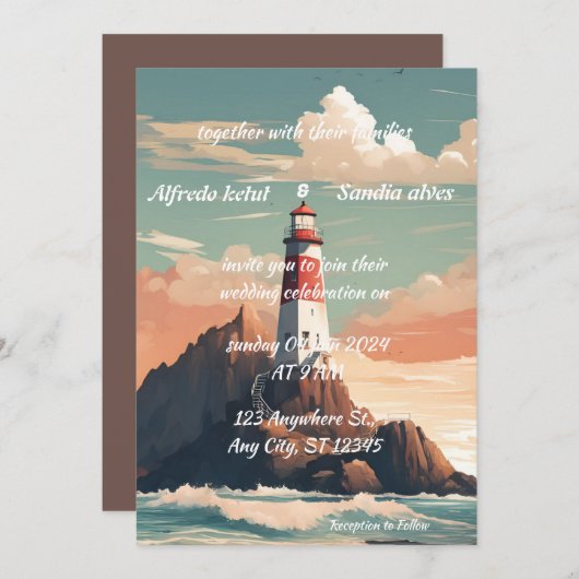 Invitation plage d'été Phare aquarelle mariage Invitat (Devant / Derrière)