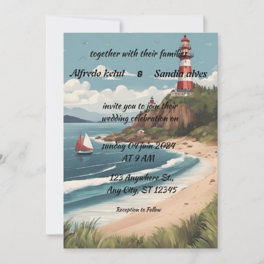 Invitation plage d'été Phare aquarelle mariage Invitat (Devant)