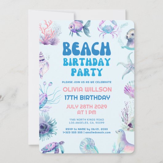 Invitation Plage d'été tropicale joueuse fête d'anniversaire (Devant)