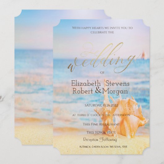Invitation Plage, étoile de mer, coquillage (Devant / Derrière)