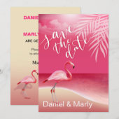 Invitation Plage Flamingo Sauvegarder la date | rose (Devant / Derrière)